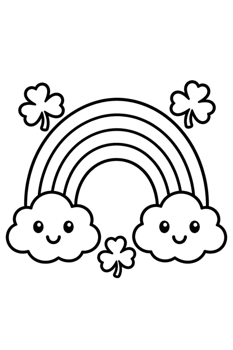 a big rainbow between two clouds with shamrocks coloring page