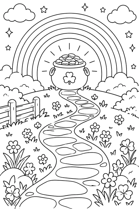 a path leading to a rainbow and a pot of gold coloring page