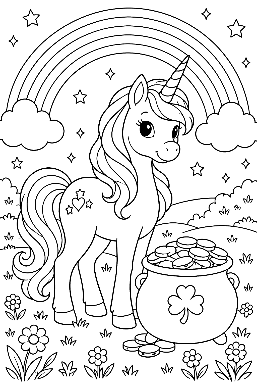 a unicorn under a rainbow with a pot of gold coloring page