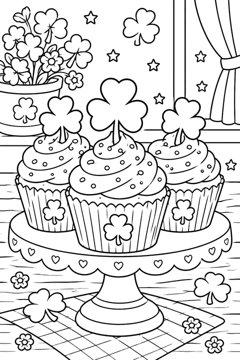 cupcakes with shamrock toppers coloring page