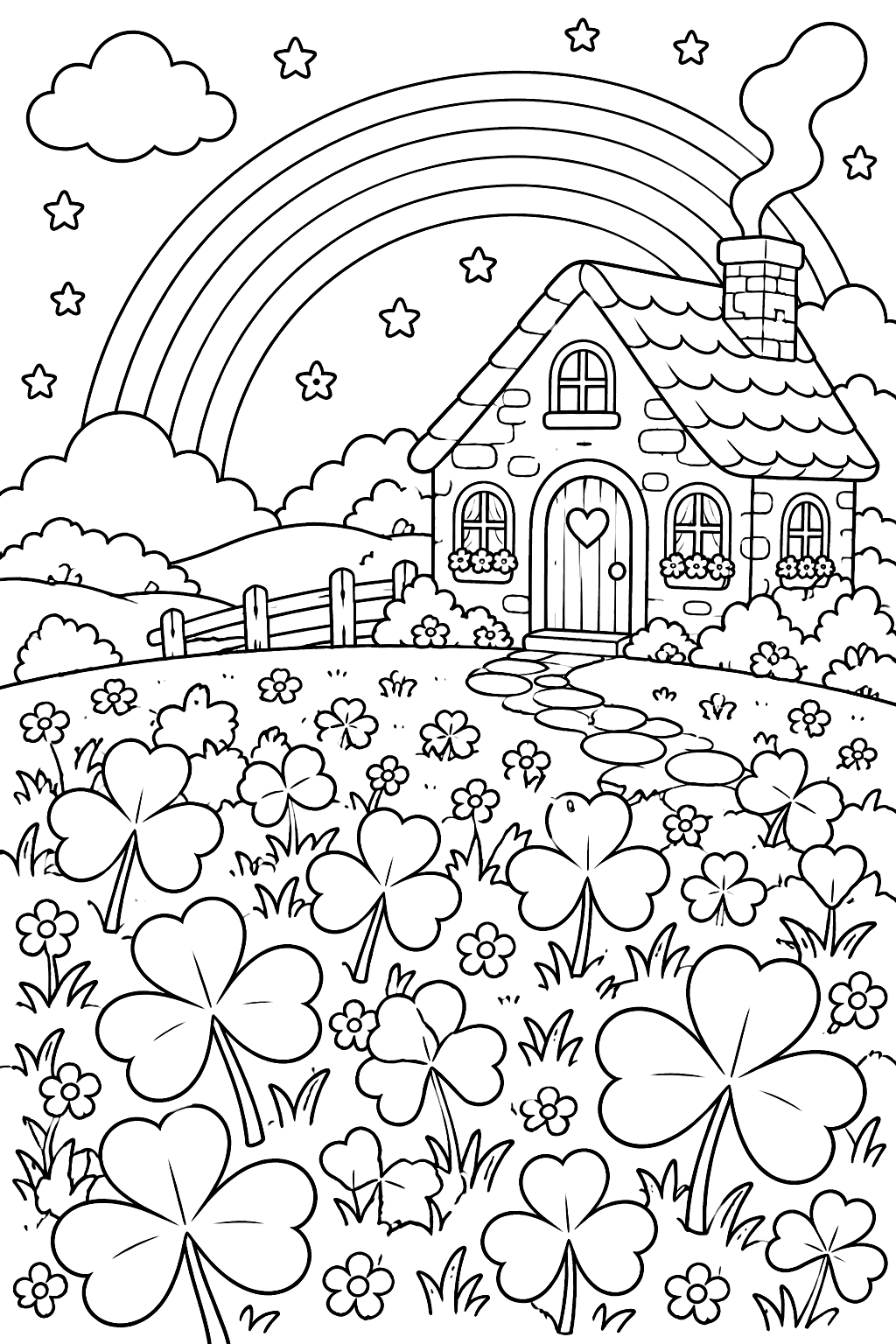 a field of shamrocks with a rainbow and a cottage coloring page