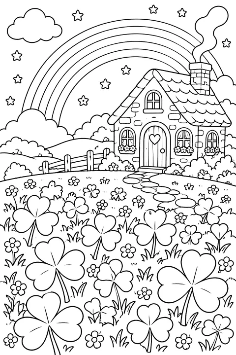 a field of shamrocks with a rainbow and a cottage coloring page