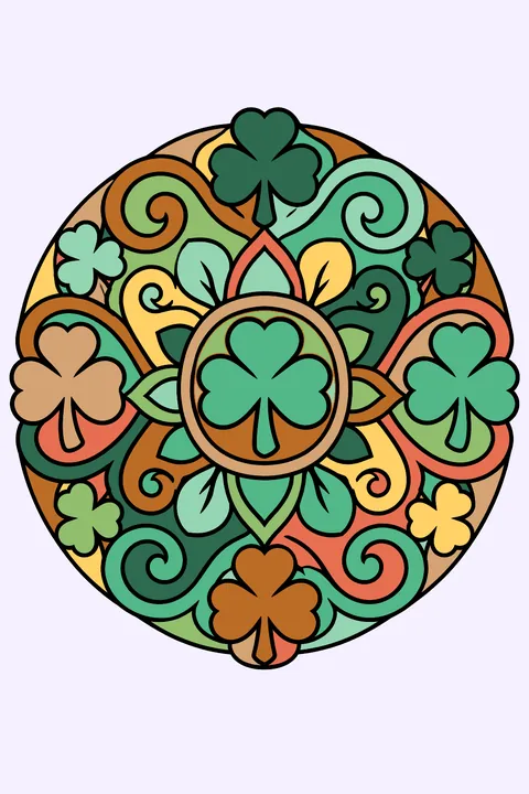 a round mandala made of shamrocks and swirls coloring page