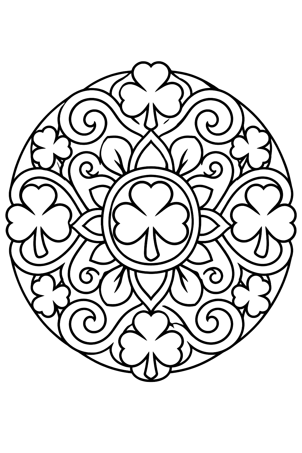a round mandala made of shamrocks and swirls coloring page