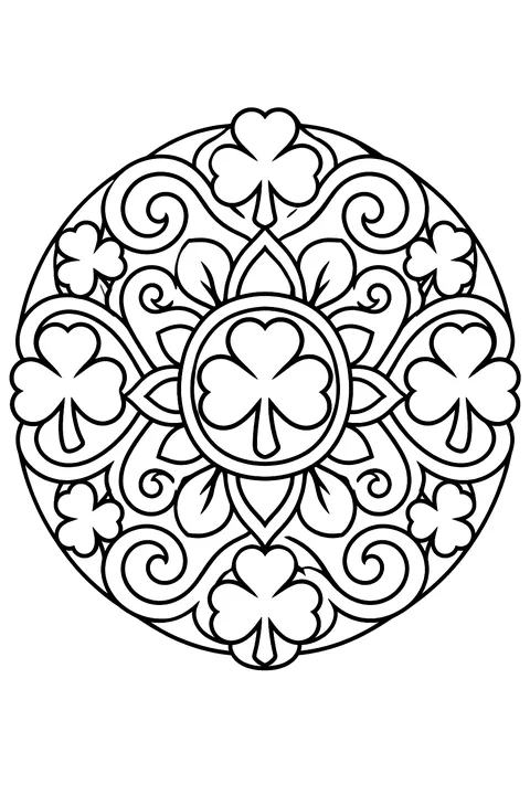 a round mandala made of shamrocks and swirls coloring page