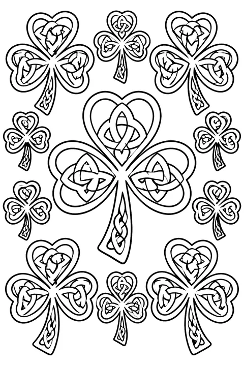 a full page of shamrocks with Celtic knots coloring page