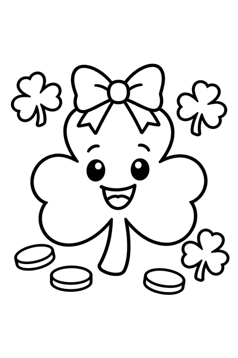 a big smiling shamrock with a bow, surrounded by three small shamrocks and a few gold coins coloring page