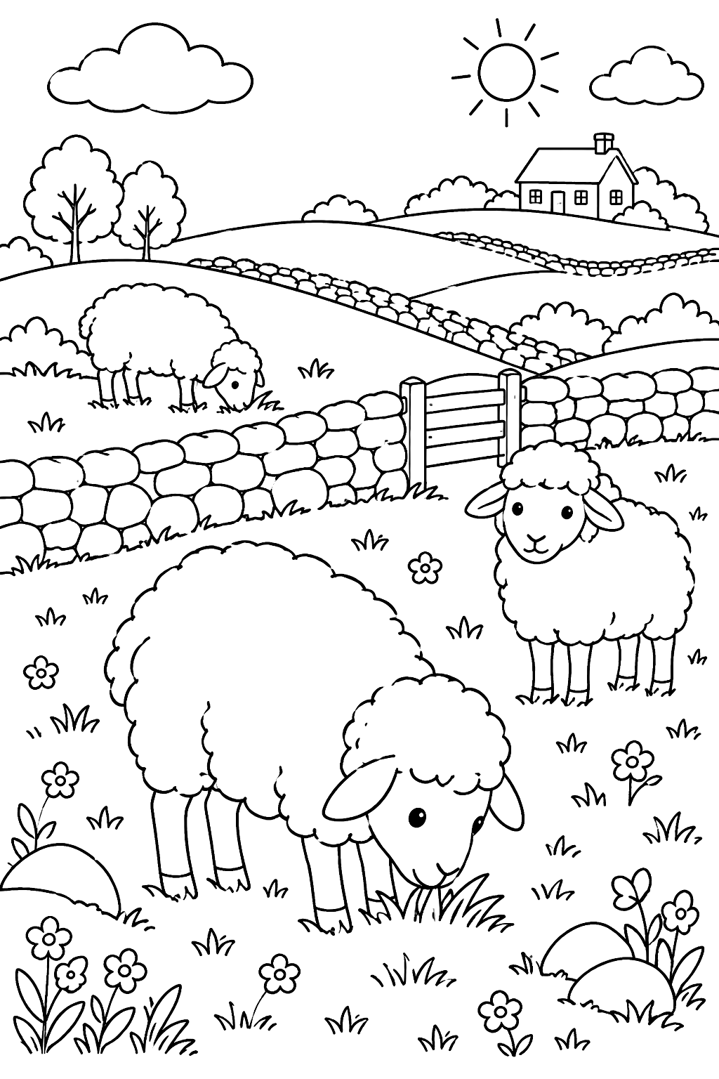 sheep grazing on rolling hills with stone walls coloring page