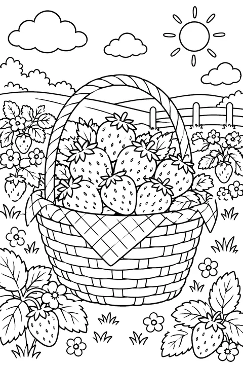 a basket full of strawberries in a field coloring page