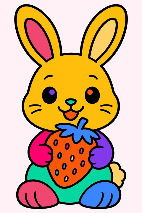 a bunny holding a strawberry coloring page