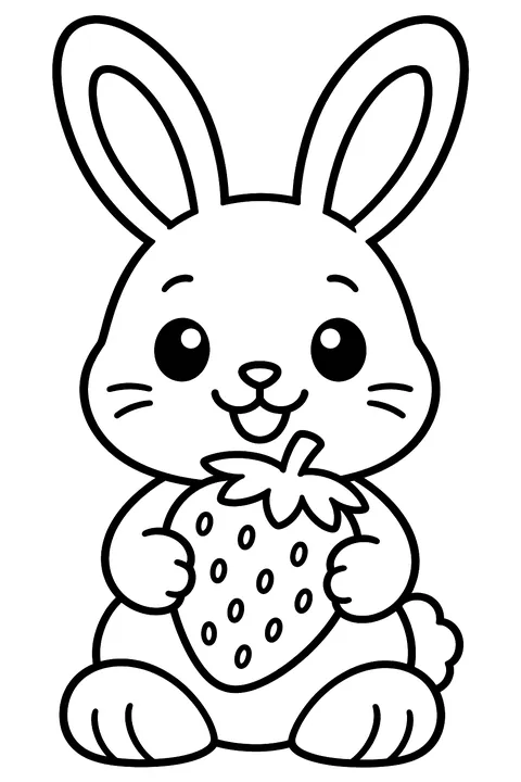 a bunny holding a strawberry coloring page