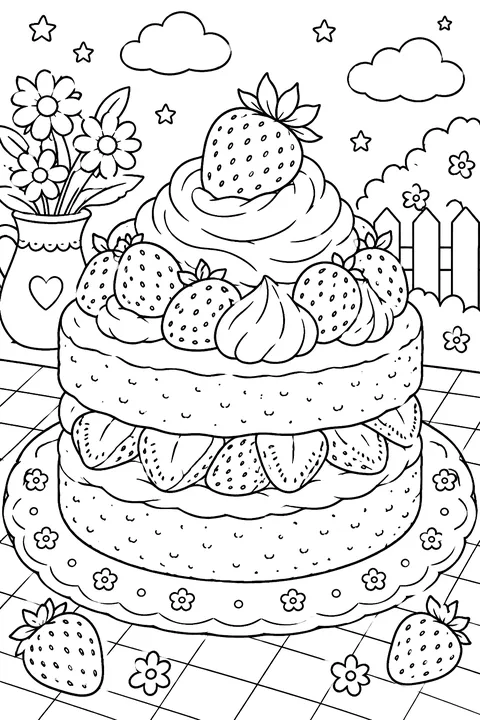a strawberry shortcake with whipped cream coloring page