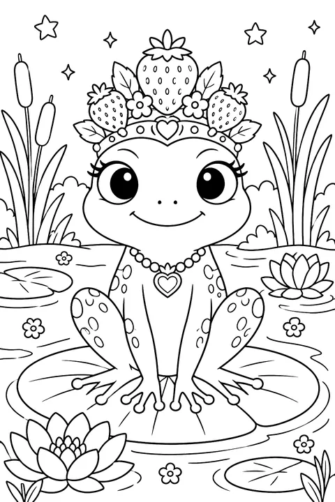 a princess frog wearing a strawberry crown coloring page