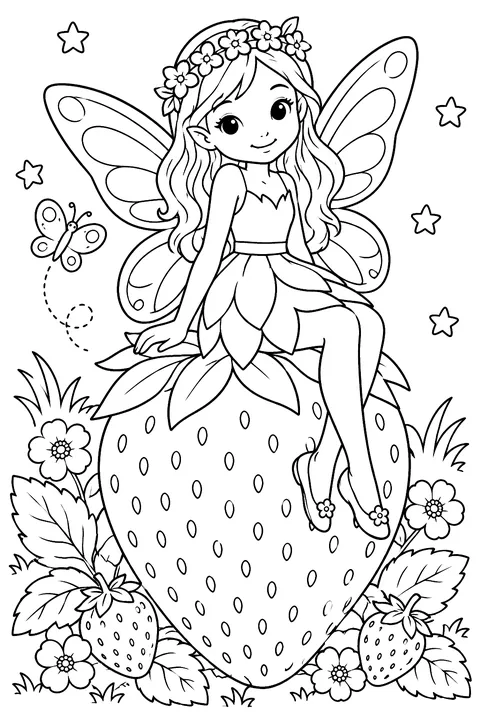 a fairy sitting on a giant strawberry coloring page