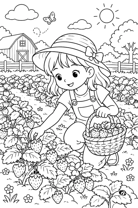 rows of strawberry plants with a child picking berries coloring page