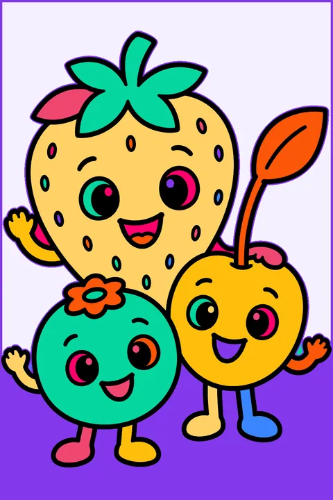strawberry, blueberry and cherry friends coloring page
