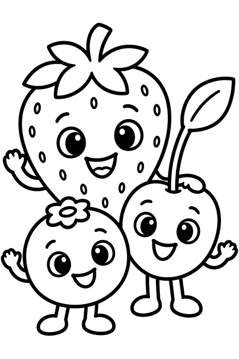 strawberry, blueberry and cherry friends coloring page