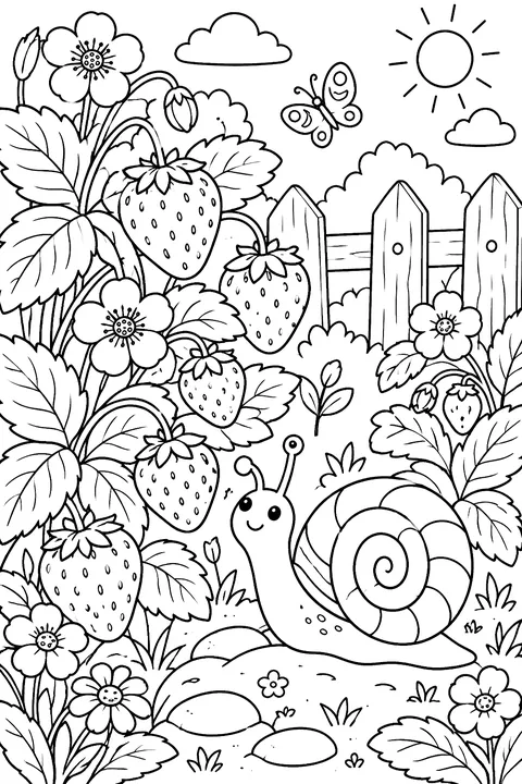 a strawberry garden with flowers and a snail coloring page
