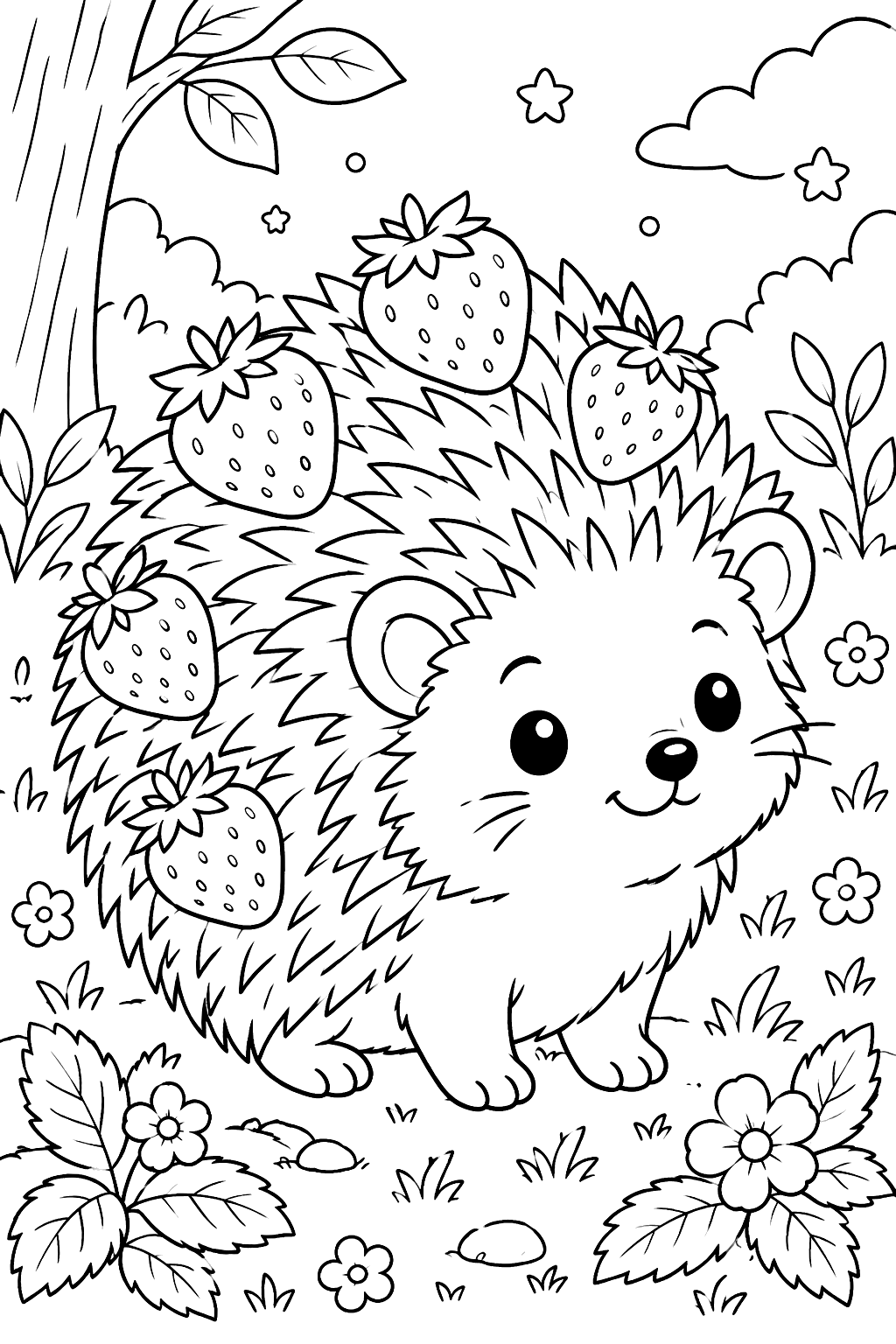 a hedgehog with strawberries on its spines coloring page