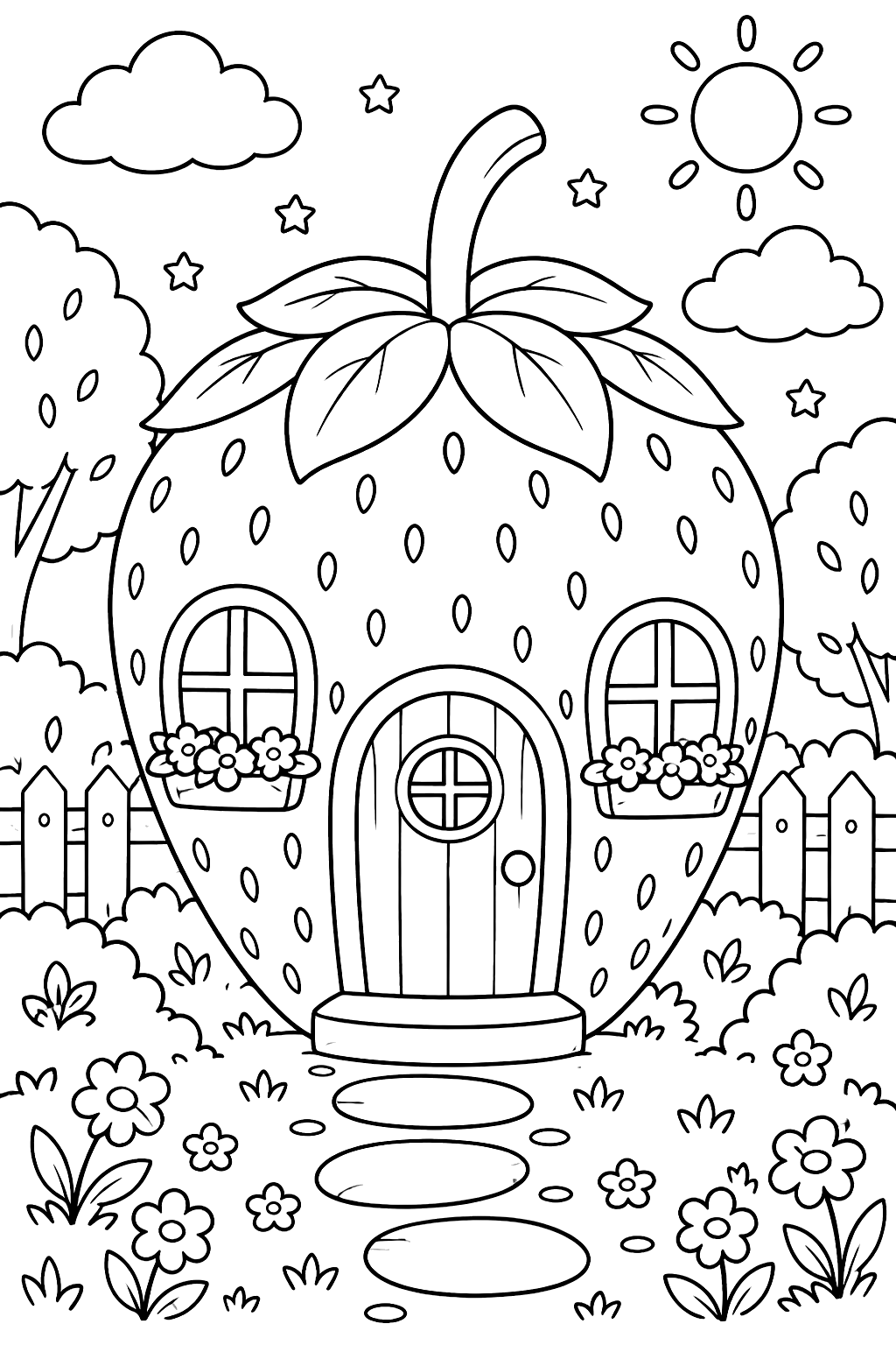 a cottage shaped like a strawberry with a door coloring page