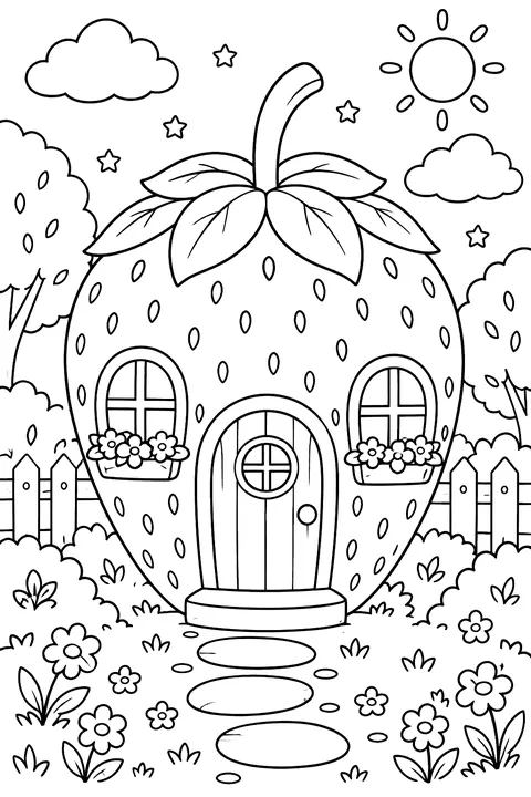 a cottage shaped like a strawberry with a door coloring page