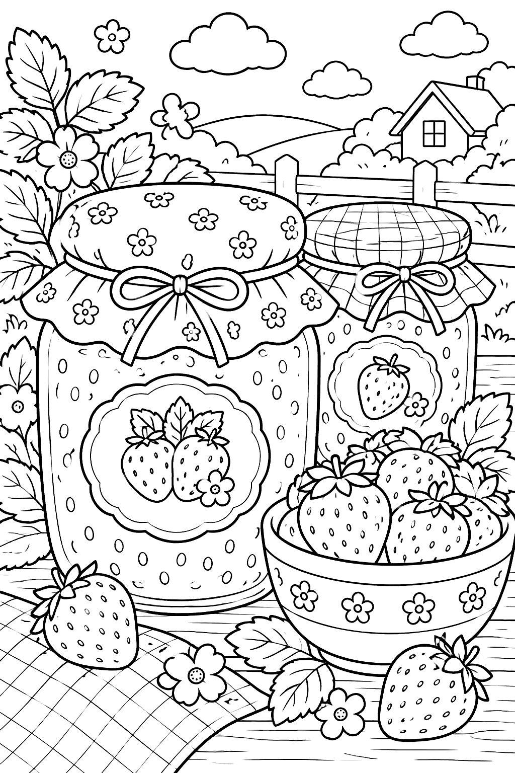 jars of strawberry jam with berries around coloring page