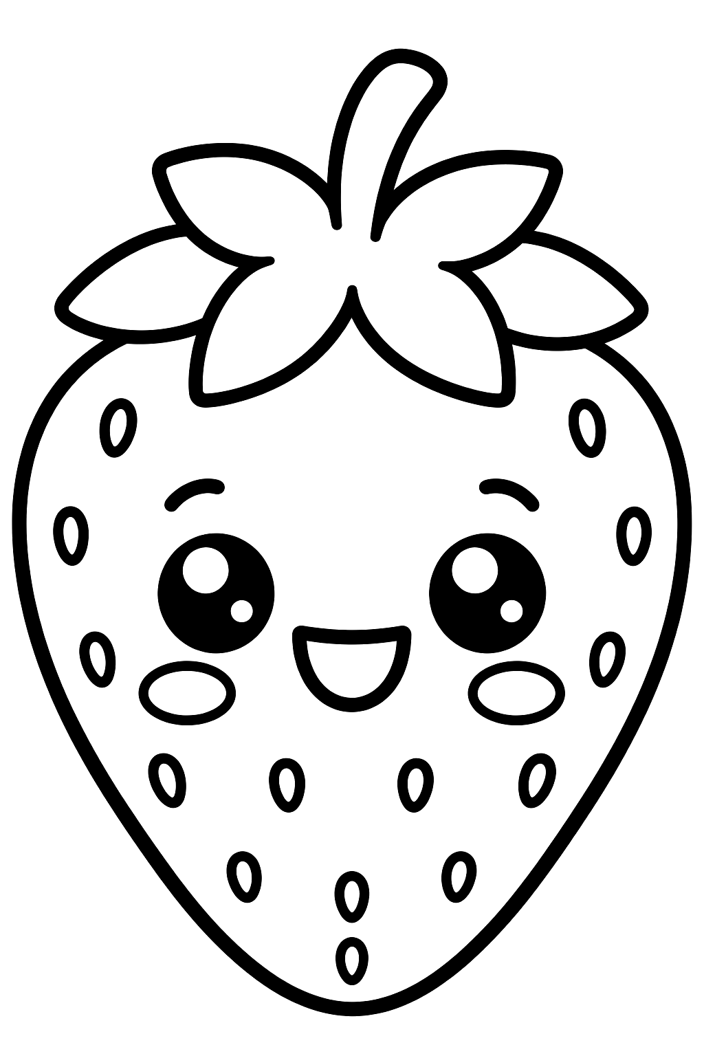 a kawaii strawberry with a smiling face coloring page