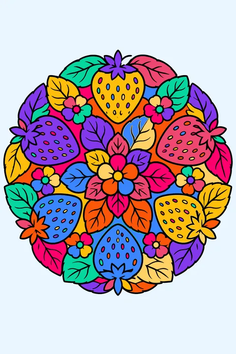 a circular mandala of strawberries and leaves coloring page