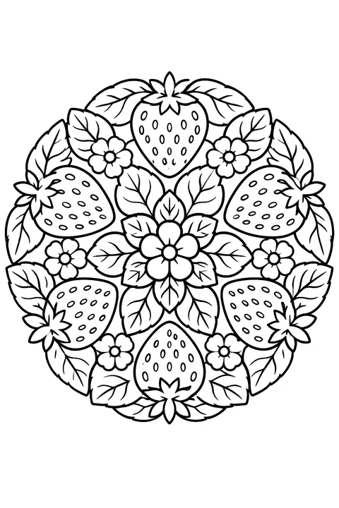 a circular mandala of strawberries and leaves coloring page