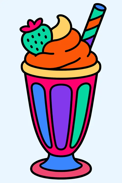 a strawberry milkshake with whipped cream and a straw coloring page
