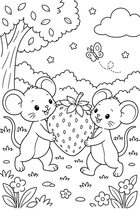 mice carrying a strawberry together coloring page