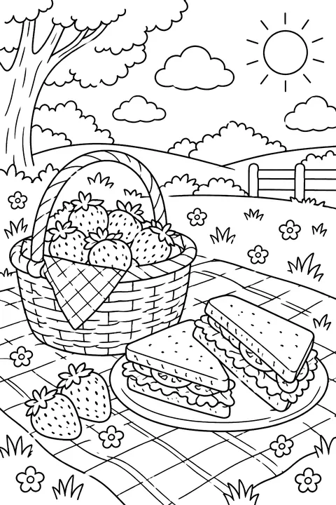 strawberries and sandwiches on a picnic blanket coloring page