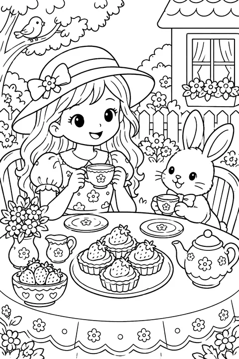 a tea party with strawberry tarts coloring page