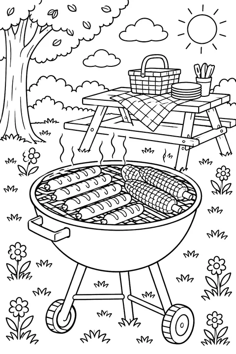 A family barbecue grill with hot dogs and corn, a picnic table behind coloring page