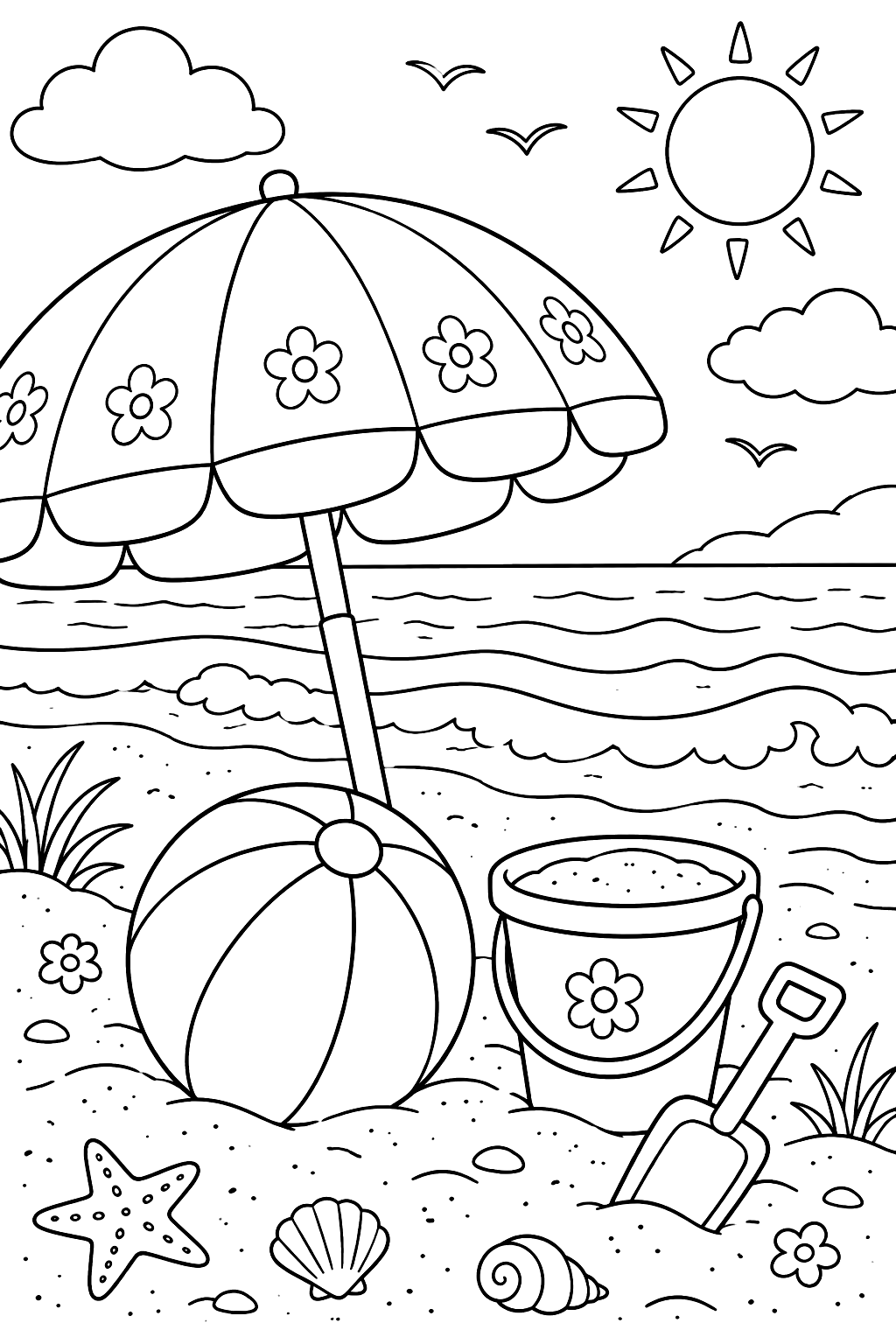 A sandy beach with an umbrella, beach ball, bucket and spade and waves coloring page