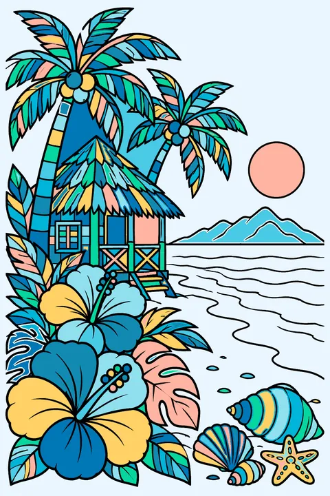 A detailed tropical beach scene with palm trees, hibiscus flowers, shells and a hut coloring page