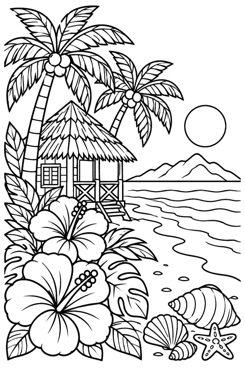 A detailed tropical beach scene with palm trees, hibiscus flowers, shells and a hut coloring page