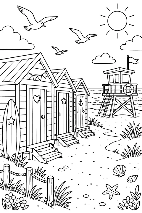 A row of beach huts with a lifeguard tower and seagulls coloring page