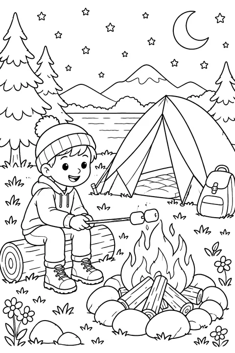 A tent by a campfire under the stars with a kid roasting marshmallows coloring page