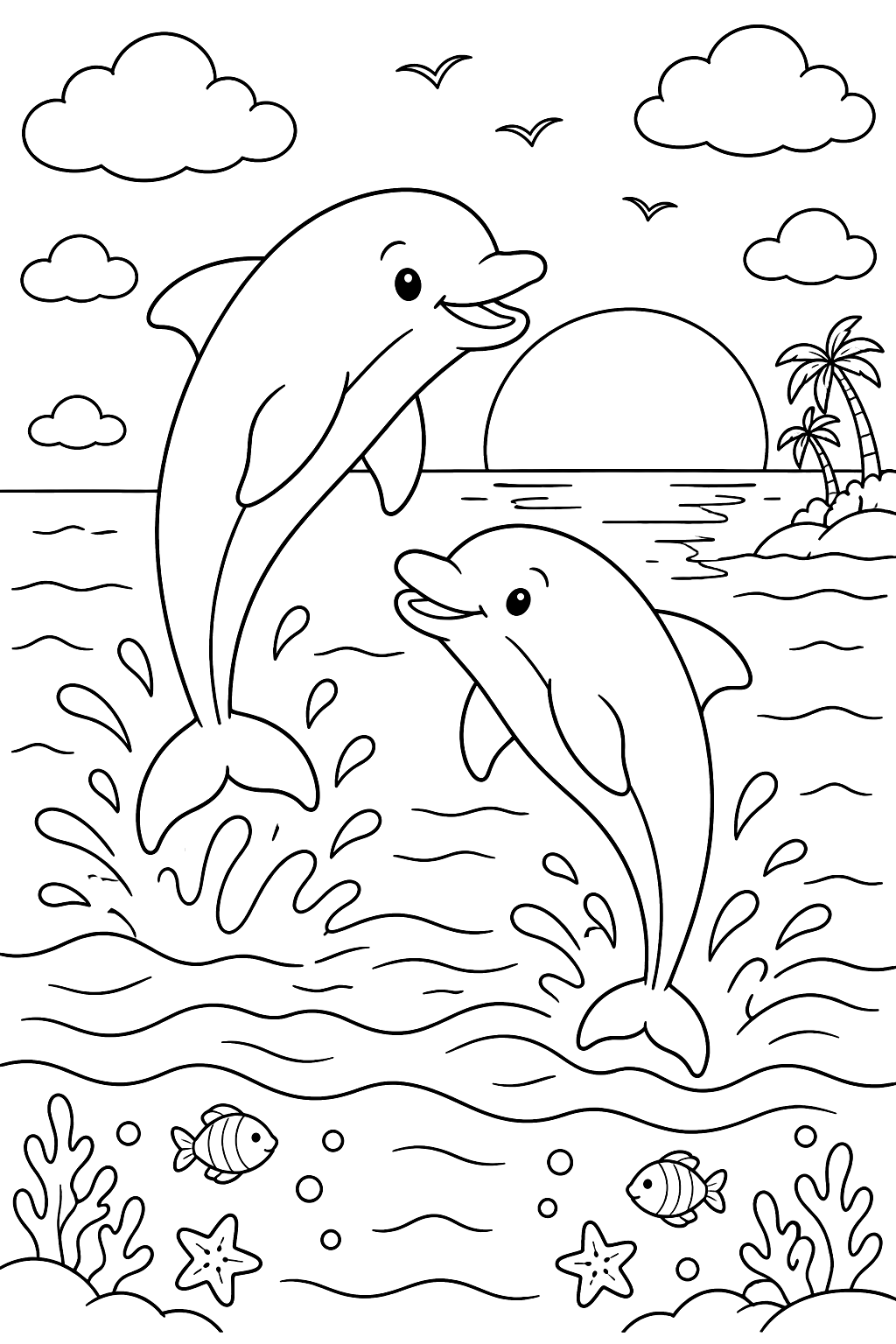 Two dolphins jumping out of the ocean at sunset coloring page