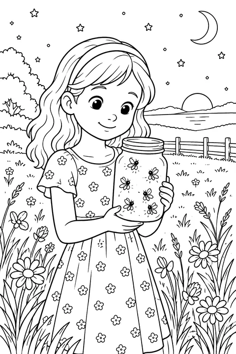 A child holding a jar of fireflies on a summer evening in a field coloring page