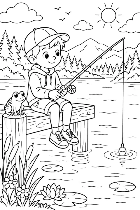 A kid fishing from a wooden dock on a lake with a frog nearby coloring page