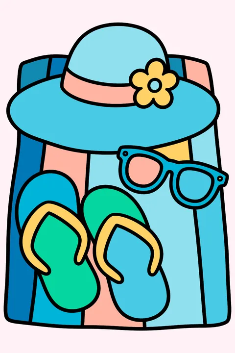 A pair of flip-flops, a sun hat and sunglasses on a towel coloring page