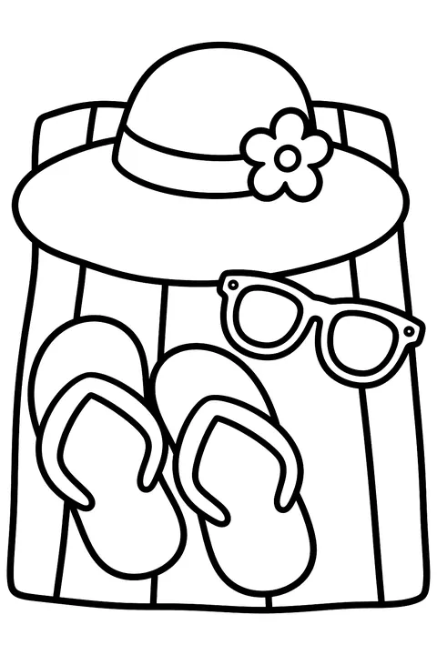 A pair of flip-flops, a sun hat and sunglasses on a towel coloring page