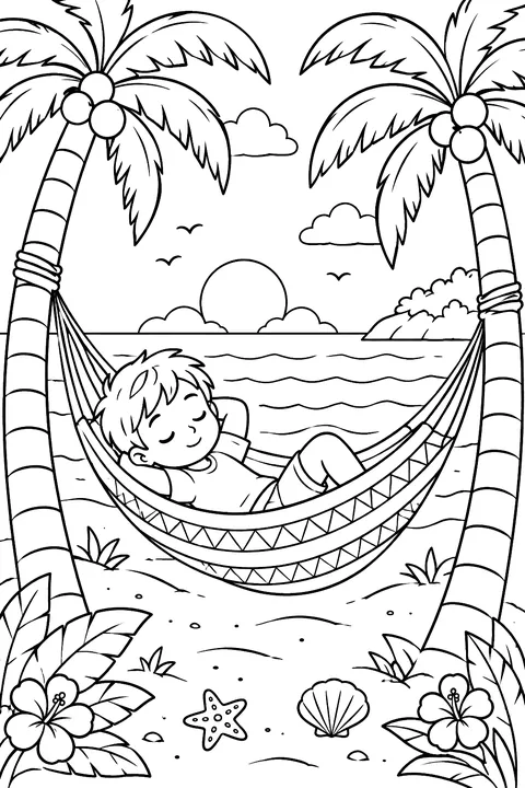 A child napping in a hammock between two palm trees coloring page