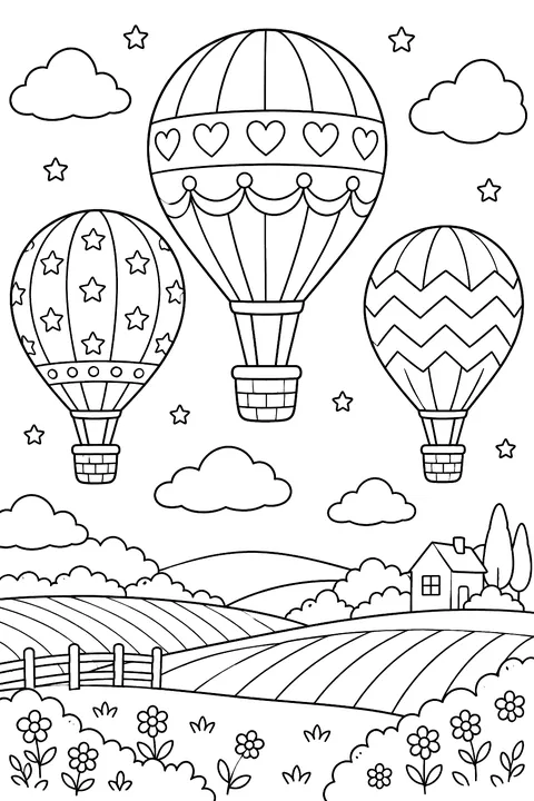 Three hot air balloons with patterns floating over fields coloring page