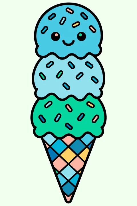 A tall ice cream cone with three scoops and sprinkles coloring page