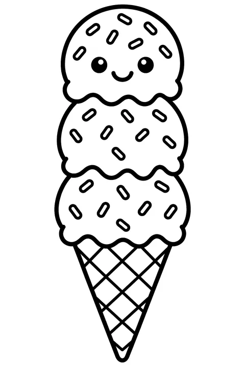 A tall ice cream cone with three scoops and sprinkles coloring page