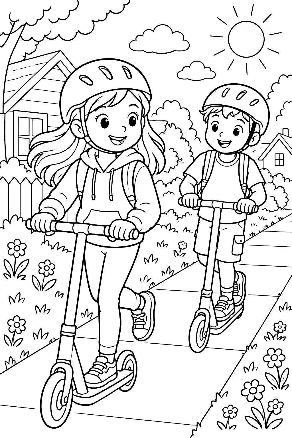 Kids riding scooters down a sunny sidewalk coloring page