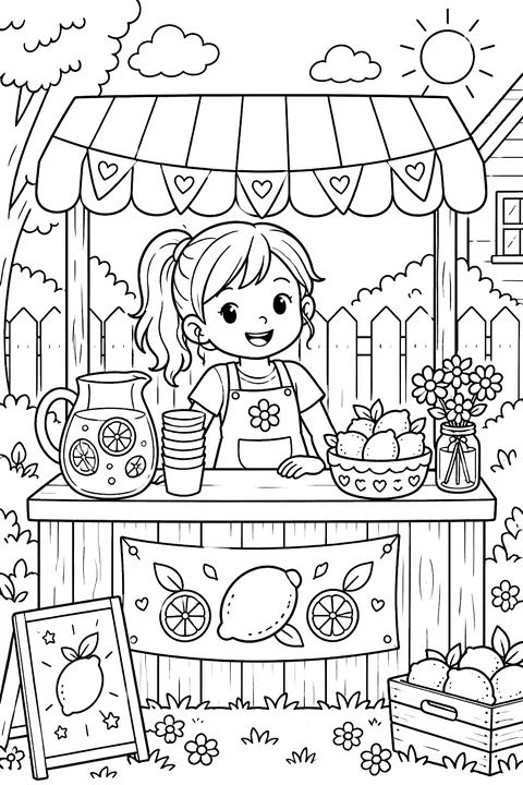 A child running a lemonade stand with a pitcher and cups coloring page